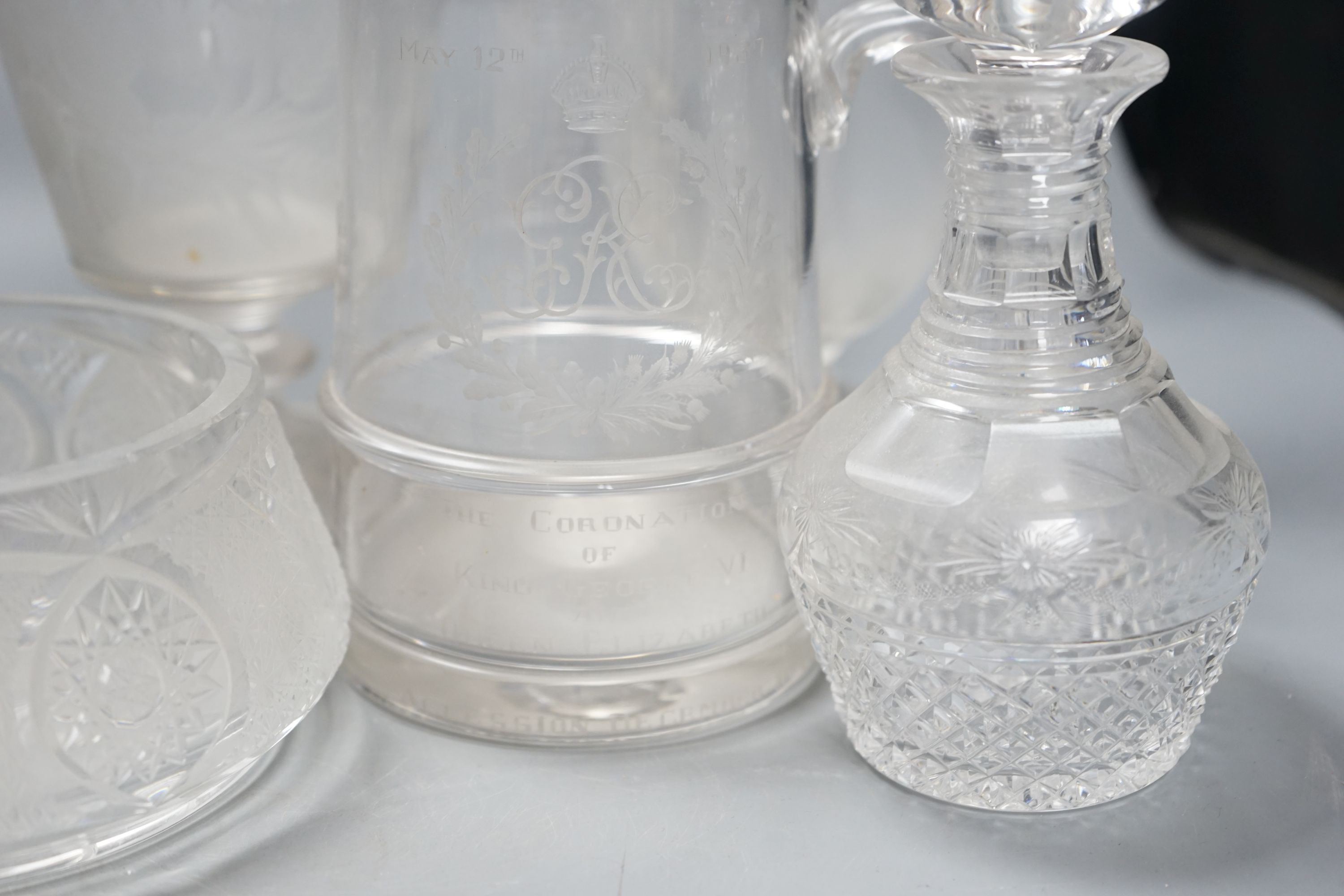 A 19th century large glass goblet engraved with a figure, other glassware to include a 1937 Coronation tankard